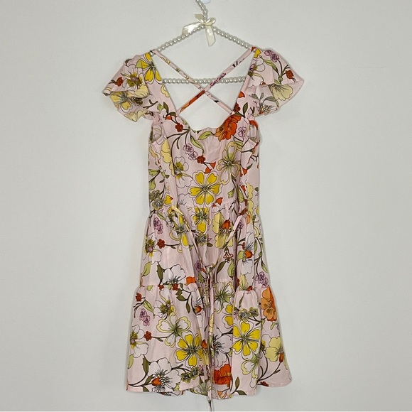 Pink and Orange Ruffled A-line Sundress with Puff Cap Sleeves - Picture 2 of 5